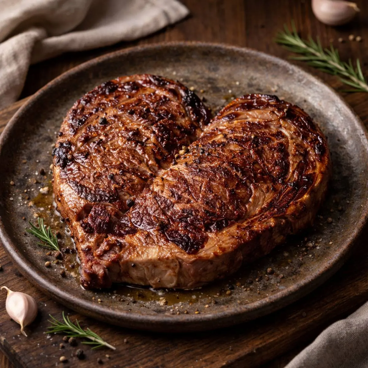 Bife em forma de coração grelhado num prato, imagem criada com IA